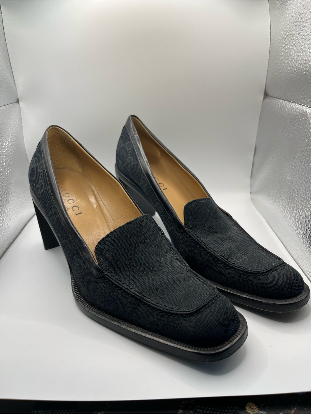 Gucci Women's Black GG Canvas Block Heel Loafers